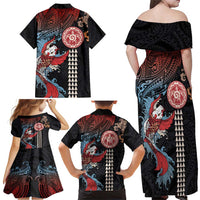 Hawaii and Japanese Together Family Matching Off Shoulder Maxi Dress and Hawaiian Shirt Koi Fish and Kakau Pattern LT03 - Polynesian Pride