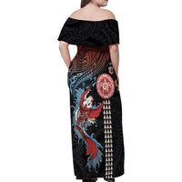 Hawaii and Japanese Together Family Matching Off Shoulder Maxi Dress and Hawaiian Shirt Koi Fish and Kakau Pattern LT03 - Polynesian Pride