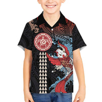 Hawaii and Japanese Together Family Matching Off Shoulder Maxi Dress and Hawaiian Shirt Koi Fish and Kakau Pattern LT03 Son's Shirt Black - Polynesian Pride
