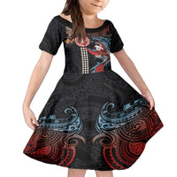 Hawaii and Japanese Together Family Matching Puletasi and Hawaiian Shirt Koi Fish and Kakau Pattern LT03 Daughter's Dress Black - Polynesian Pride