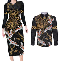 Hawaii and Japanese Together Couples Matching Long Sleeve Bodycon Dress and Long Sleeve Button Shirt Cranes Birds with Kakau Pattern LT03 Black - Polynesian Pride