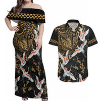 Hawaii and Japanese Together Couples Matching Off Shoulder Maxi Dress and Hawaiian Shirt Cranes Birds with Kakau Pattern LT03 Black - Polynesian Pride