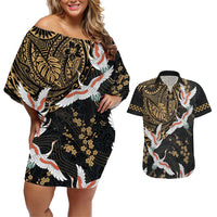 Hawaii and Japanese Together Couples Matching Off Shoulder Short Dress and Hawaiian Shirt Cranes Birds with Kakau Pattern LT03 Black - Polynesian Pride