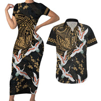 Hawaii and Japanese Together Couples Matching Short Sleeve Bodycon Dress and Hawaiian Shirt Cranes Birds with Kakau Pattern LT03 Black - Polynesian Pride