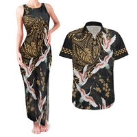 Hawaii and Japanese Together Couples Matching Tank Maxi Dress and Hawaiian Shirt Cranes Birds with Kakau Pattern LT03 Black - Polynesian Pride