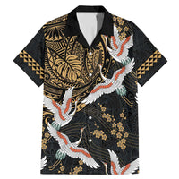 Hawaii and Japanese Together Family Matching Mermaid Dress and Hawaiian Shirt Cranes Birds with Kakau Pattern LT03 Dad's Shirt - Short Sleeve Black - Polynesian Pride