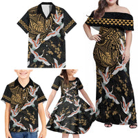 Hawaii and Japanese Together Family Matching Off Shoulder Maxi Dress and Hawaiian Shirt Cranes Birds with Kakau Pattern LT03 - Polynesian Pride