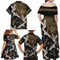 Hawaii and Japanese Together Family Matching Off Shoulder Maxi Dress and Hawaiian Shirt Cranes Birds with Kakau Pattern LT03 - Polynesian Pride