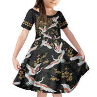 Hawaii and Japanese Together Family Matching Puletasi and Hawaiian Shirt Cranes Birds with Kakau Pattern LT03 Daughter's Dress Black - Polynesian Pride