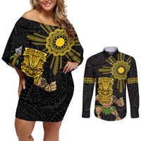Hawaii and Philippines Together Couples Matching Off Shoulder Short Dress and Long Sleeve Button Shirt Warrior Tiki Mask and Filipino Sun Polynesian Style LT03 Black - Polynesian Pride