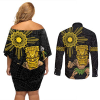 Hawaii and Philippines Together Couples Matching Off Shoulder Short Dress and Long Sleeve Button Shirt Warrior Tiki Mask and Filipino Sun Polynesian Style LT03 - Polynesian Pride