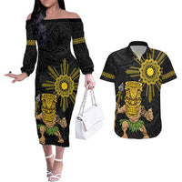Hawaii and Philippines Together Couples Matching Off The Shoulder Long Sleeve Dress and Hawaiian Shirt Warrior Tiki Mask and Filipino Sun Polynesian Style LT03 Black - Polynesian Pride