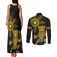 Hawaii and Philippines Together Couples Matching Tank Maxi Dress and Long Sleeve Button Shirt Warrior Tiki Mask and Filipino Sun Polynesian Style LT03 - Polynesian Pride