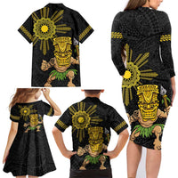 Hawaii and Philippines Together Family Matching Long Sleeve Bodycon Dress and Hawaiian Shirt Warrior Tiki Mask and Filipino Sun Polynesian Style LT03 - Polynesian Pride