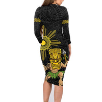 Hawaii and Philippines Together Family Matching Long Sleeve Bodycon Dress and Hawaiian Shirt Warrior Tiki Mask and Filipino Sun Polynesian Style LT03 - Polynesian Pride