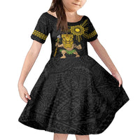Hawaii and Philippines Together Family Matching Off The Shoulder Long Sleeve Dress and Hawaiian Shirt Warrior Tiki Mask and Filipino Sun Polynesian Style LT03 Daughter's Dress Black - Polynesian Pride