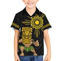Hawaii and Philippines Together Family Matching Off The Shoulder Long Sleeve Dress and Hawaiian Shirt Warrior Tiki Mask and Filipino Sun Polynesian Style LT03 Son's Shirt Black - Polynesian Pride