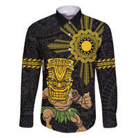 Hawaii and Philippines Together Family Matching Off Shoulder Short Dress and Hawaiian Shirt Warrior Tiki Mask and Filipino Sun Polynesian Style LT03 Dad's Shirt - Long Sleeve Black - Polynesian Pride