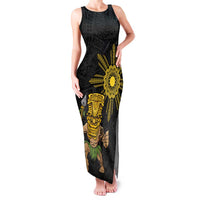 Hawaii and Philippines Together Family Matching Tank Maxi Dress and Hawaiian Shirt Warrior Tiki Mask and Filipino Sun Polynesian Style LT03 Mom's Dress Black - Polynesian Pride