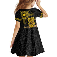Hawaii and Philippines Together Kid Short Sleeve Dress Warrior Tiki Mask and Filipino Sun Polynesian Style LT03 - Polynesian Pride