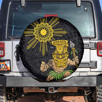 Hawaii and Philippines Together Spare Tire Cover Warrior Tiki Mask and Filipino Sun Polynesian Style LT03 Black - Polynesian Pride