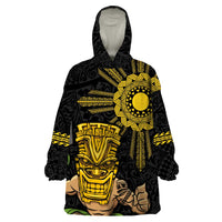 Hawaii and Philippines Together Wearable Blanket Hoodie Warrior Tiki Mask and Filipino Sun Polynesian Style LT03 One Size Black - Polynesian Pride