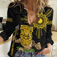 Hawaii and Philippines Together Women Casual Shirt Warrior Tiki Mask and Filipino Sun Polynesian Style LT03 Female Black - Polynesian Pride