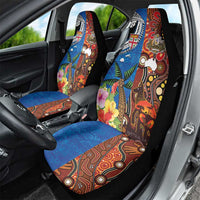 Fiji and Australia Together Car Seat Cover Fijian Tapa Plants with Kangaroo and Aboriginal LT03 - Polynesian Pride