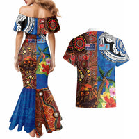 Fiji and Australia Together Couples Matching Mermaid Dress and Hawaiian Shirt Fijian Tapa Plants with Kangaroo and Aboriginal LT03 - Polynesian Pride