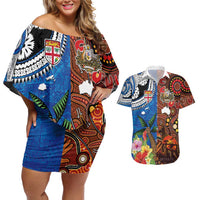 Fiji and Australia Together Couples Matching Off Shoulder Short Dress and Hawaiian Shirt Fijian Tapa Plants with Kangaroo and Aboriginal LT03 Black - Polynesian Pride