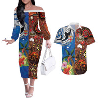 Fiji and Australia Together Couples Matching Off The Shoulder Long Sleeve Dress and Hawaiian Shirt Fijian Tapa Plants with Kangaroo and Aboriginal LT03 Black - Polynesian Pride
