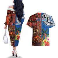 Fiji and Australia Together Couples Matching Off The Shoulder Long Sleeve Dress and Hawaiian Shirt Fijian Tapa Plants with Kangaroo and Aboriginal LT03 - Polynesian Pride