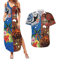 Fiji and Australia Together Couples Matching Summer Maxi Dress and Hawaiian Shirt Fijian Tapa Plants with Kangaroo and Aboriginal LT03 Black - Polynesian Pride
