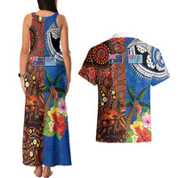 Fiji and Australia Together Couples Matching Tank Maxi Dress and Hawaiian Shirt Fijian Tapa Plants with Kangaroo and Aboriginal LT03 - Polynesian Pride