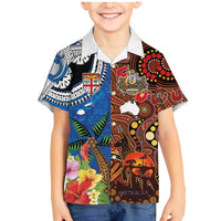 Fiji and Australia Together Family Matching Mermaid Dress and Hawaiian Shirt Fijian Tapa Plants with Kangaroo and Aboriginal LT03 Son's Shirt Black - Polynesian Pride