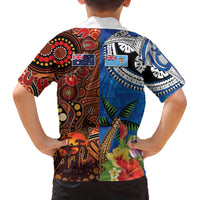 Fiji and Australia Together Family Matching Off The Shoulder Long Sleeve Dress and Hawaiian Shirt Fijian Tapa Plants with Kangaroo and Aboriginal LT03 - Polynesian Pride