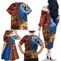 Fiji and Australia Together Family Matching Off The Shoulder Long Sleeve Dress and Hawaiian Shirt Fijian Tapa Plants with Kangaroo and Aboriginal LT03 - Polynesian Pride