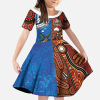 Fiji and Australia Together Family Matching Off Shoulder Maxi Dress and Hawaiian Shirt Fijian Tapa Plants with Kangaroo and Aboriginal LT03 Daughter's Dress Black - Polynesian Pride