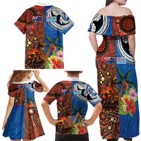 Fiji and Australia Together Family Matching Off Shoulder Maxi Dress and Hawaiian Shirt Fijian Tapa Plants with Kangaroo and Aboriginal LT03 - Polynesian Pride