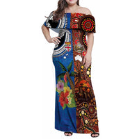 Fiji and Australia Together Family Matching Off Shoulder Maxi Dress and Hawaiian Shirt Fijian Tapa Plants with Kangaroo and Aboriginal LT03 Mom's Dress Black - Polynesian Pride