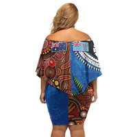 Fiji and Australia Together Family Matching Off Shoulder Short Dress and Hawaiian Shirt Fijian Tapa Plants with Kangaroo and Aboriginal LT03 - Polynesian Pride
