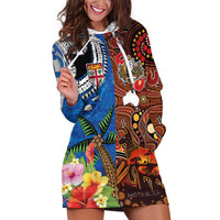Fiji and Australia Together Hoodie Dress Fijian Tapa Plants with Kangaroo and Aboriginal LT03 Black - Polynesian Pride