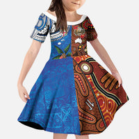 Fiji and Australia Together Kid Short Sleeve Dress Fijian Tapa Plants with Kangaroo and Aboriginal LT03 KID Black - Polynesian Pride