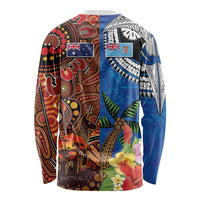 Fiji and Australia Together Long Sleeve Shirt Fijian Tapa Plants with Kangaroo and Aboriginal LT03 - Polynesian Pride