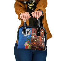 Fiji and Australia Together Shoulder Handbag Fijian Tapa Plants with Kangaroo and Aboriginal - Polynesian Pride