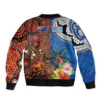 Fiji and Australia Together Sleeve Zip Bomber Jacket Fijian Tapa Plants with Kangaroo and Aboriginal - Polynesian Pride