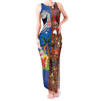 Fiji and Australia Together Tank Maxi Dress Fijian Tapa Plants with Kangaroo and Aboriginal LT03 Women Black - Polynesian Pride