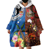 Fiji and Australia Together Wearable Blanket Hoodie Fijian Tapa Plants with Kangaroo and Aboriginal LT03 - Polynesian Pride
