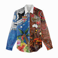 Fiji and Australia Together Women Casual Shirt Fijian Tapa Plants with Kangaroo and Aboriginal LT03 - Polynesian Pride