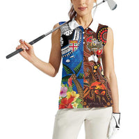 Fiji and Australia Together Women Sleeveless Polo Shirt Fijian Tapa Plants with Kangaroo and Aboriginal LT03 - Polynesian Pride